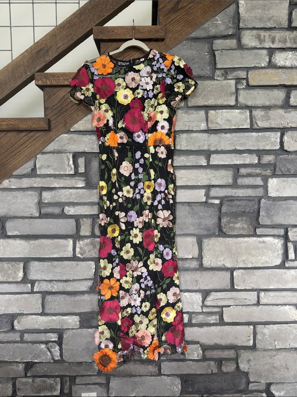 Black Floral Embroidered Short-Sleeve Dress